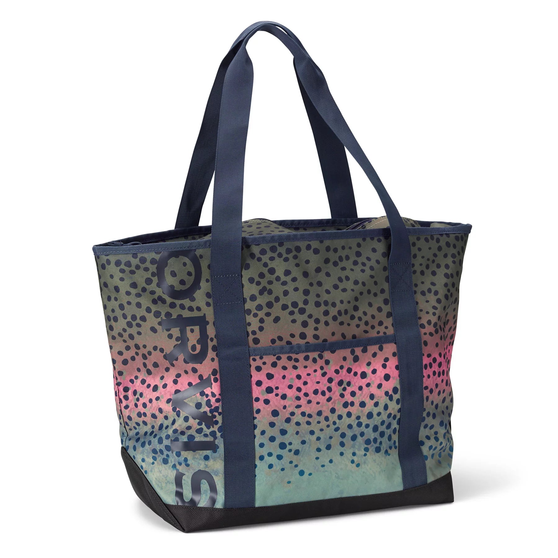 Tote bag with colorful rainbow trout skin pattern on a white background