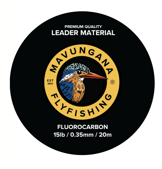 Mavungana Fly Fishing fluorocarbon leader material packaging with branding and specifications.