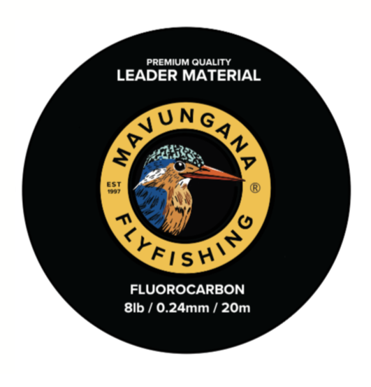 Mavungana Fly Fishing fluorocarbon leader material label on a black background