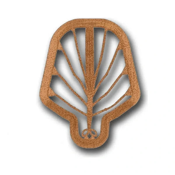 A single tan-brown decorative object with a cutout leaf or fan-like silhouette, shown on a plain white background with a soft drop shadow.